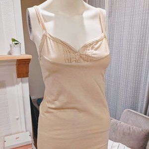 Beige Long Tank Top with Pleated Bust and Buttons
